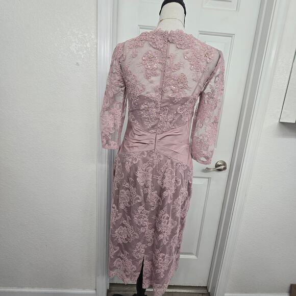 Teri Jon Rickie Freeman Midi Lace Beaded Cocktail Formal Dress Pink Gala Preppy - Picture 6 of 11